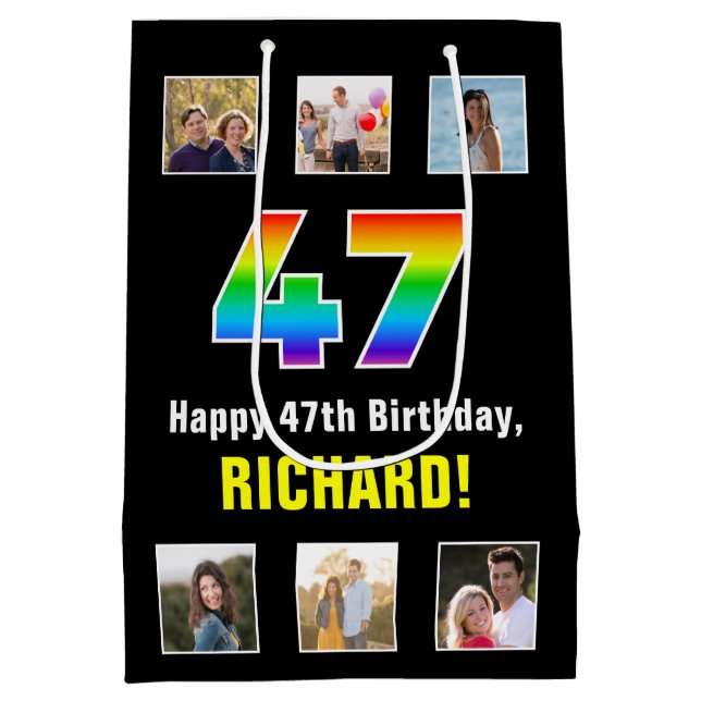 47th Birthday: Rainbow “47“, Custom Photos & Name Medium Gift Bag (Back)