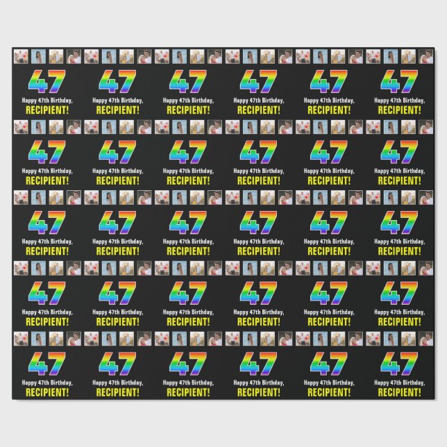 47th Birthday: Rainbow “47“; Custom Photos & Name Wrapping Paper (Seam)