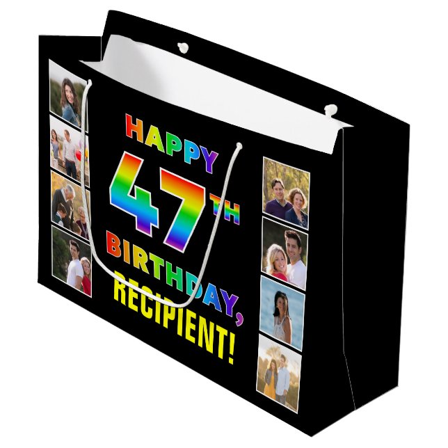 47th Birthday: Rainbow Text, Custom Photos & Name Large Gift Bag (Front Angled)
