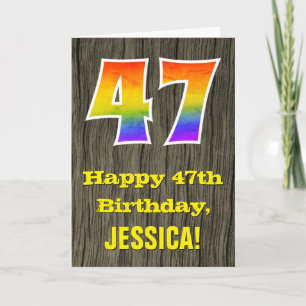 47th Birthday: Rustic Faux Wood Look, Rainbow "47" Card