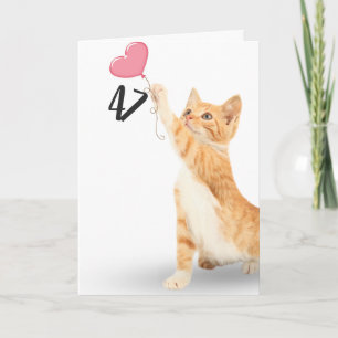 47th birthday tabby cat with heart balloon card