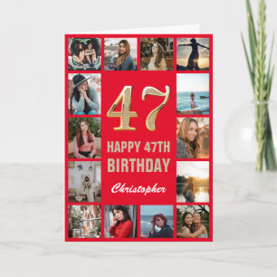 47th Happy Birthday Red and Gold Photo Collage Card