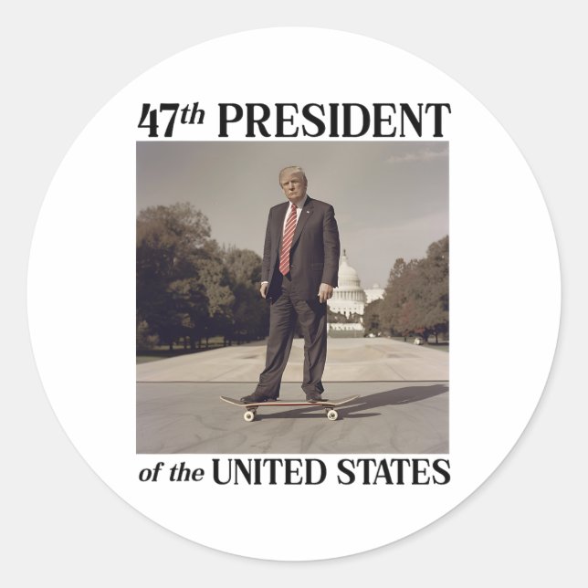47th President Donald Trump On Skateboard  Classic Round Sticker (Front)