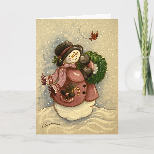 4886 Snowman Wreath Cardinal Christmas Holiday Card (Front)