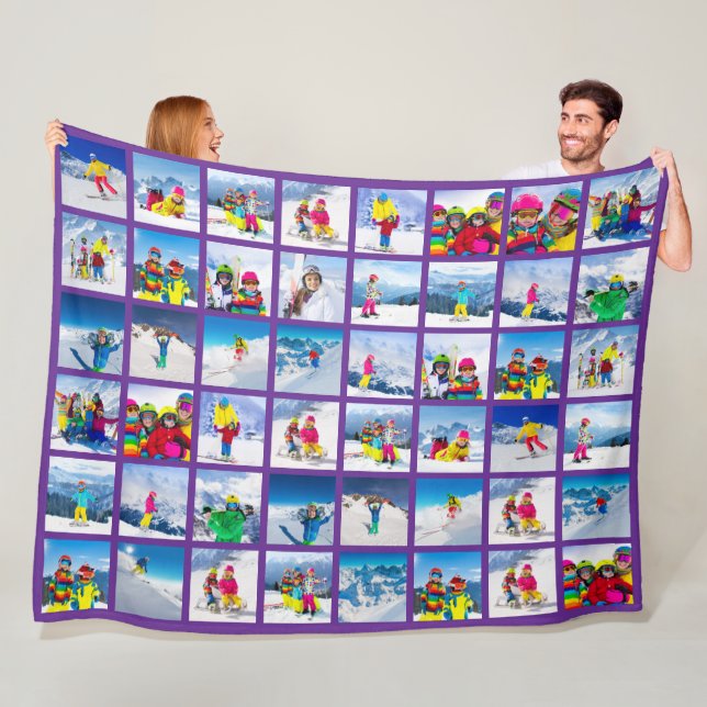 48 Photo Grid Collage Royal Purple Fleece Blanket (In Situ)