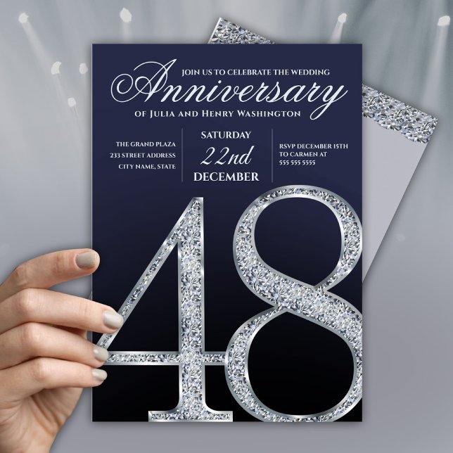 48th Anniversary Diamond Silver Navy Blue Invitation (Creator Uploaded)