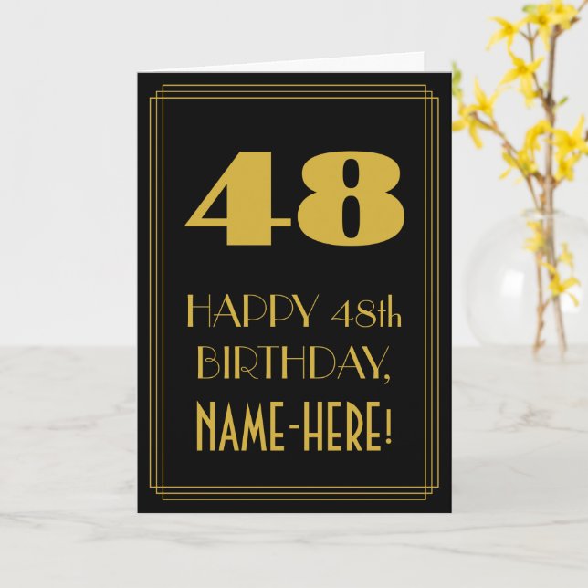48th Birthday – Art Deco Inspired Look "48" & Name Card (Yellow Flower)