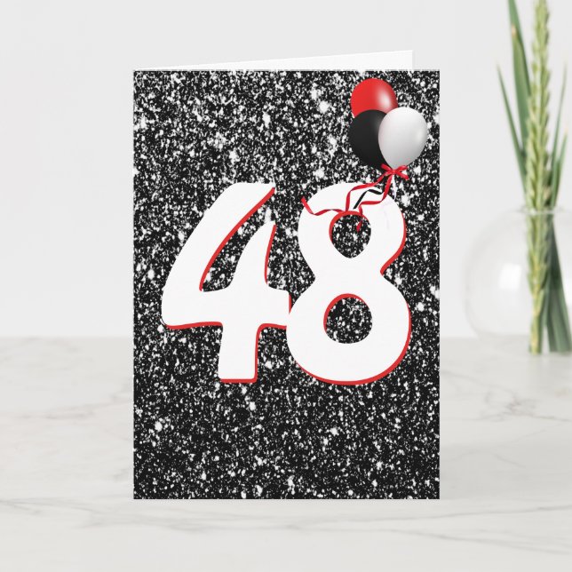 48th Birthday Balloons on Black Glitter  Card (Front)