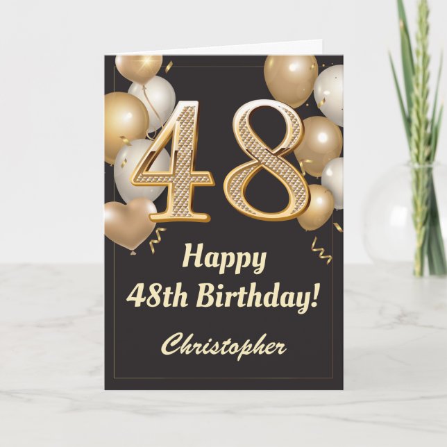 48th Birthday Black and Gold Balloons Confetti Card (Front)