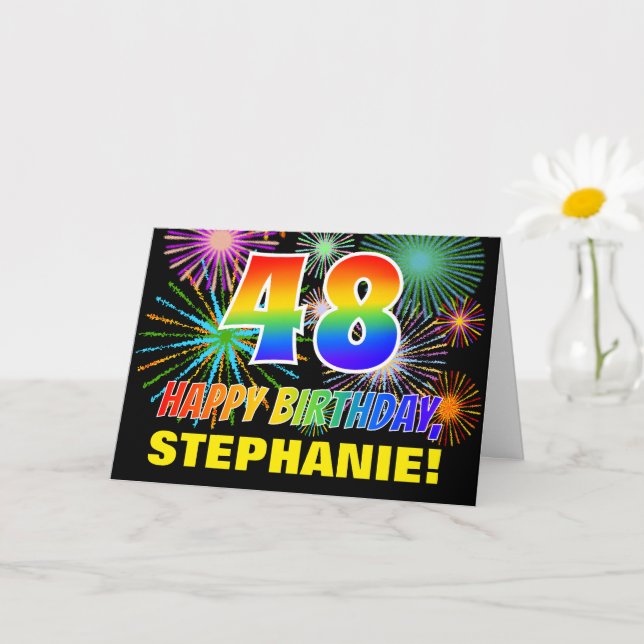 48th Birthday: Bold, Fun, Fireworks, Rainbow 48 Card (Small Plant)