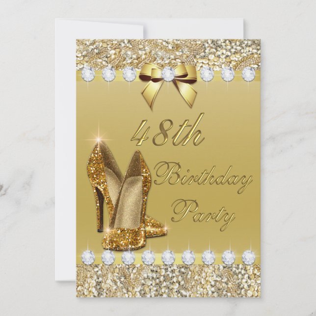 48th Birthday Classy Gold Heels Sequins Diamonds Invitation (Front)