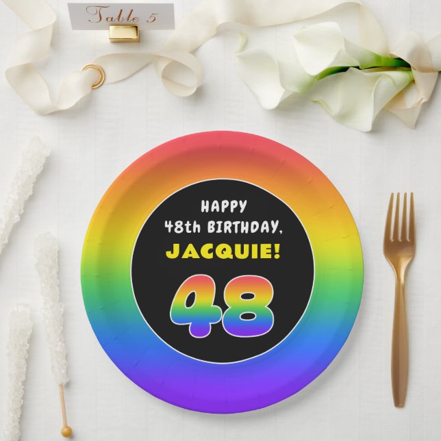 48th Birthday: Colorful Rainbow # 48, Custom Name Paper Plate (Wedding)