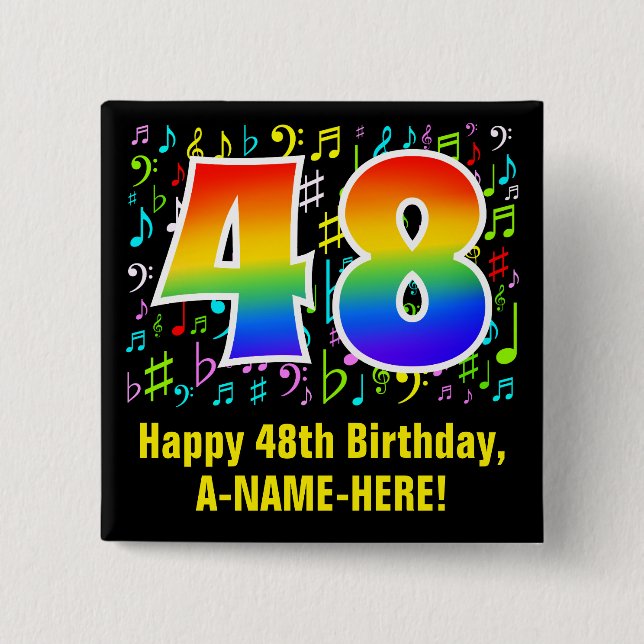 48th Birthday: Colourful Music Symbols, Rainbow 48 15 Cm Square Badge (Front)
