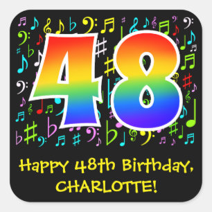 48th Birthday: Colourful Music Symbols, Rainbow 48 Square Sticker