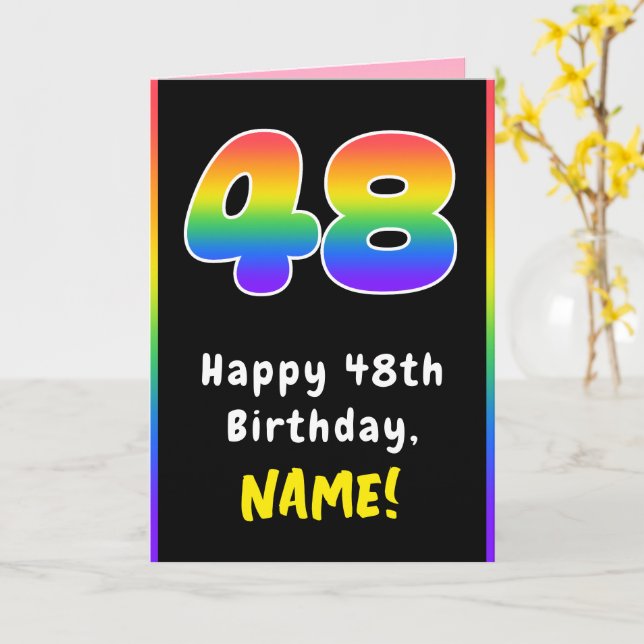 48th Birthday: Colourful Rainbow # 48, Custom Name Card (Yellow Flower)