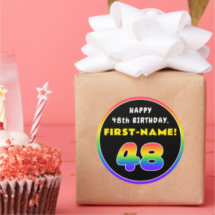 48th Birthday: Colourful Rainbow # 48, Custom Name Classic Round Sticker