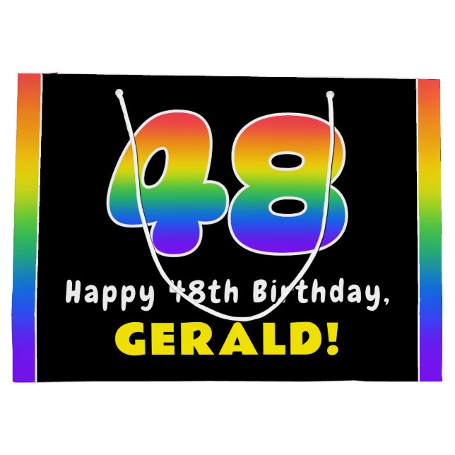 48th Birthday: Colourful Rainbow # 48, Custom Name Large Gift Bag (Back)