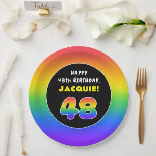 48th Birthday: Colourful Rainbow # 48, Custom Name Paper Plate
