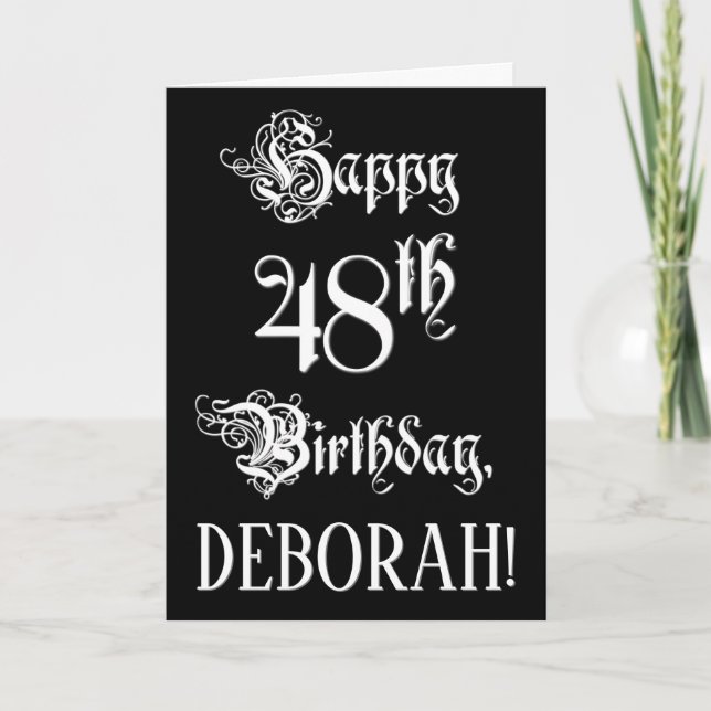 48th Birthday: Fancy, Elegant Script + Custom Name Card (Front)