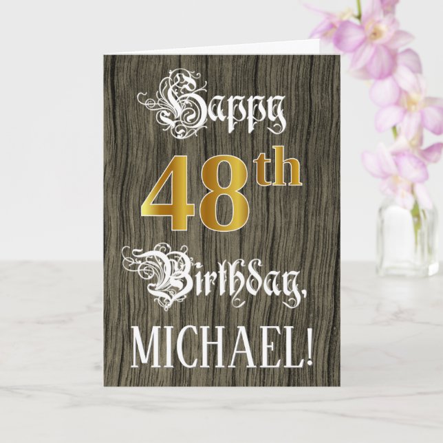 48th Birthday: Faux Gold Look + Faux Wood Pattern Card (Orchid)