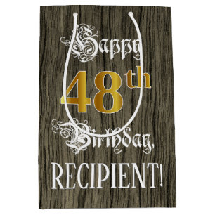 48th Birthday: Faux Gold Look & Faux Wood Pattern Medium Gift Bag