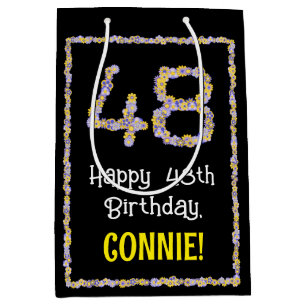 48th Birthday: Floral Flowers Number, Custom Name Medium Gift Bag