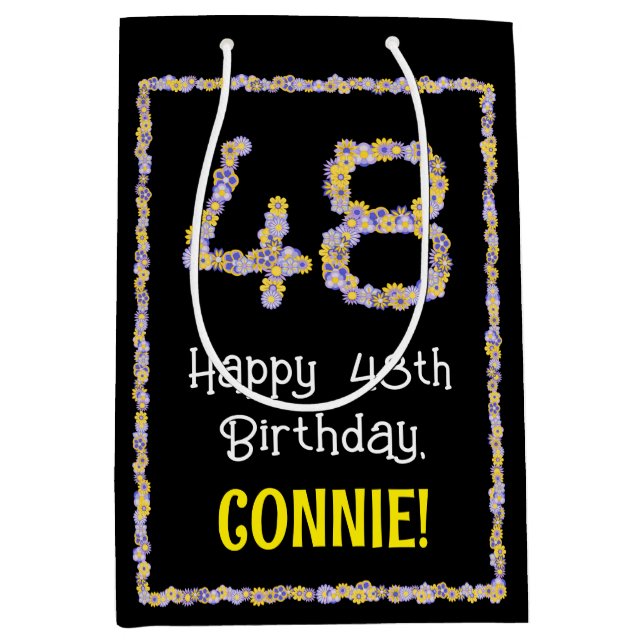 48th Birthday: Floral Flowers Number, Custom Name Medium Gift Bag (Front)