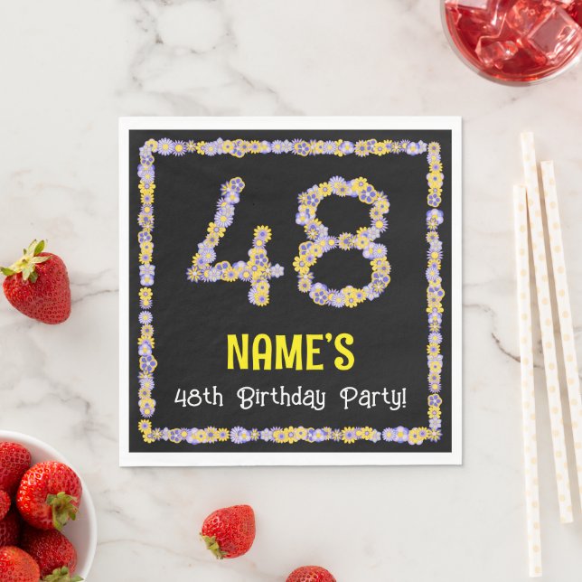 48th Birthday: Floral Flowers Number, Custom Name Napkin (Insitu)