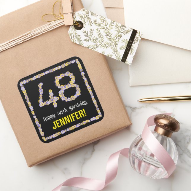 48th Birthday: Floral Flowers Number, Custom Name Square Sticker (Gifting)