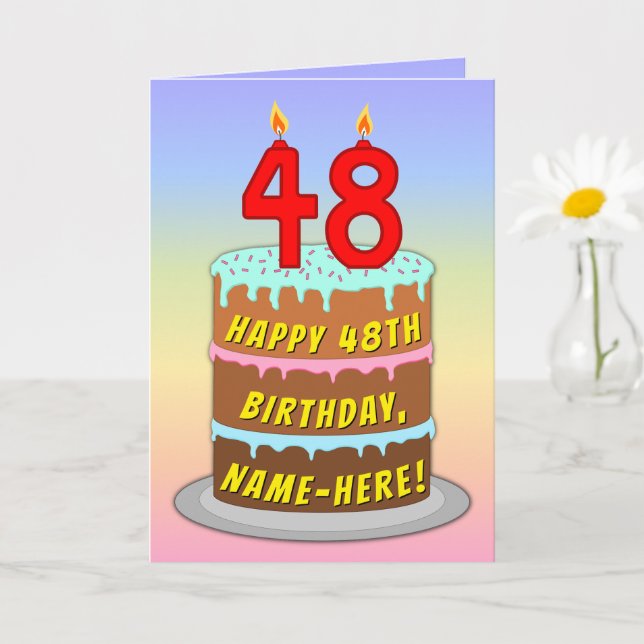 48th Birthday — Fun Cake & Candles, w/ Custom Name Card (Small Plant)