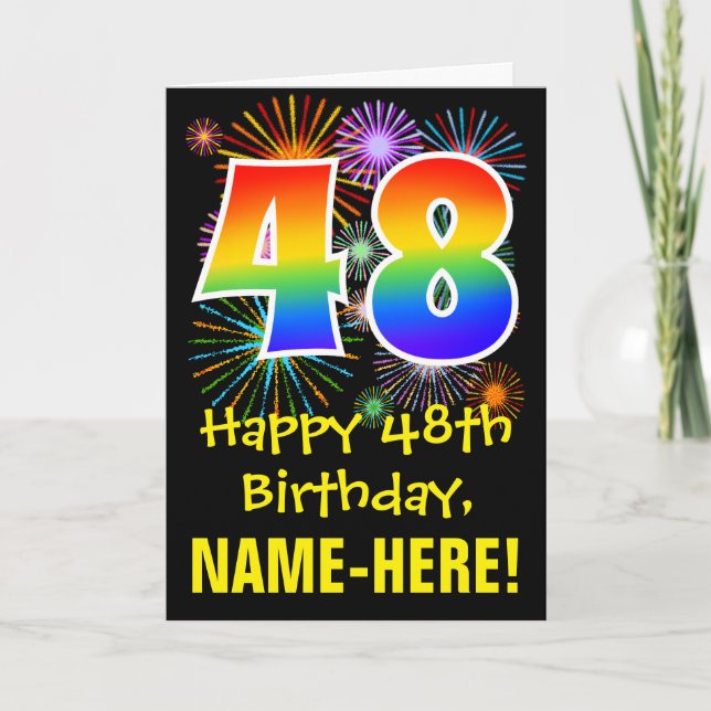 48th Birthday: Fun Fireworks Pattern + Rainbow 48 Card (Front)
