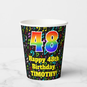 48th Birthday: Fun Music Notes Pattern, Rainbow 48 Paper Cups