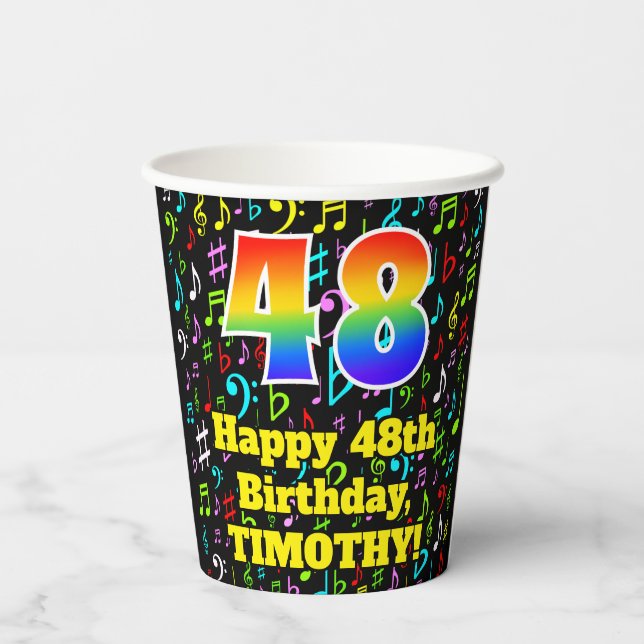 48th Birthday: Fun Music Notes Pattern, Rainbow 48 Paper Cups (Back)