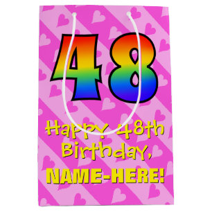 48th Birthday: Fun Pink Hearts Stripes; Rainbow 48 Medium Gift Bag