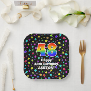 48th Birthday: Fun Stars Pattern and Rainbow “48” Paper Plate