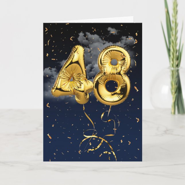 48th Birthday Gold Mylar Balloon and Confetti Card (Front)