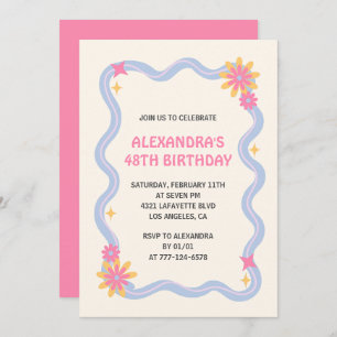 48th birthday invitation Retro Groovy Pink Flowers