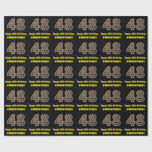 48th Birthday: Name & Faux Wood Grain Pattern "48" Wrapping Paper (Flat)