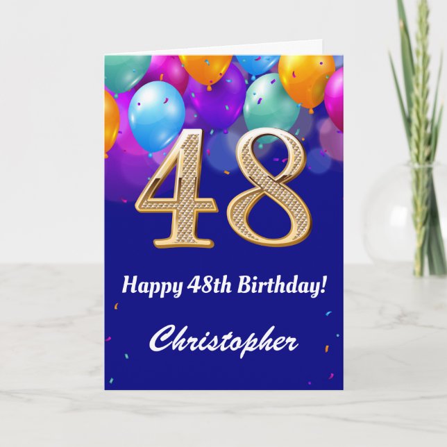 48th Birthday Navy Blue and Gold Colourful Balloon Card (Front)
