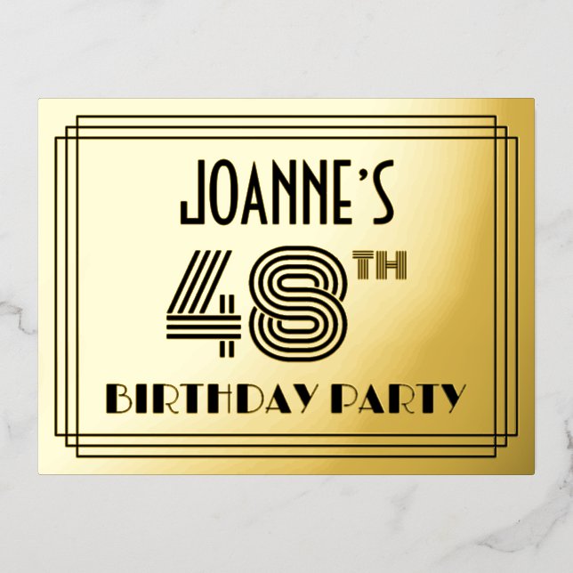 48th Birthday Party ~ Art Deco Style “48” + Name Foil Invitation Postcard (Front)