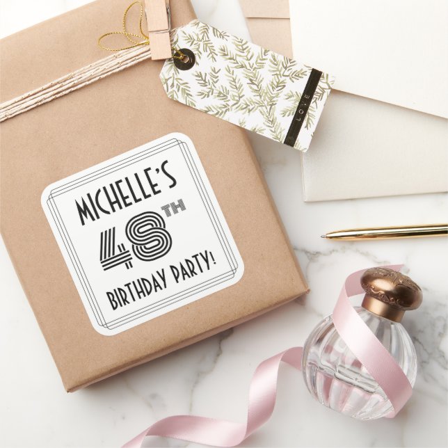 48th Birthday Party: Art Deco Style + Custom Name Square Sticker (Gifting)