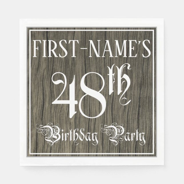 48th Birthday Party — Fancy Script, Faux Wood Look Napkin (Front)
