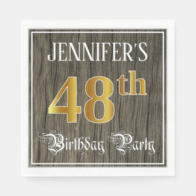 48th Birthday Party — Faux Gold & Faux Wood Looks Napkin (Front)