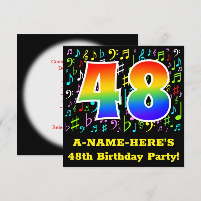 48th Birthday Party: Fun Music Symbols, Rainbow 48 Invitation (Front/Back)