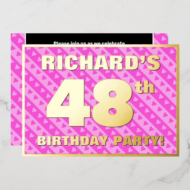 48th Birthday Party — Fun Pink Hearts and Stripes (Front/Back)