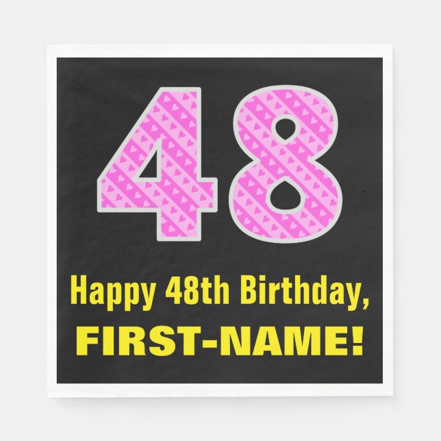 48th Birthday: Pink Stripes and Hearts "48" + Name Napkin (Front)
