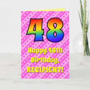 48th Birthday: Pink Stripes & Hearts, Rainbow # 48 Card