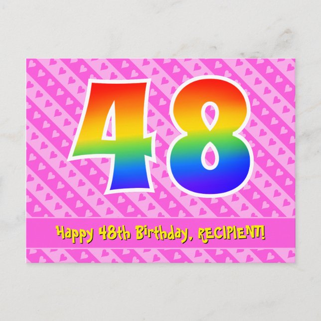 48th Birthday: Pink Stripes & Hearts, Rainbow 48 Postcard (Front)