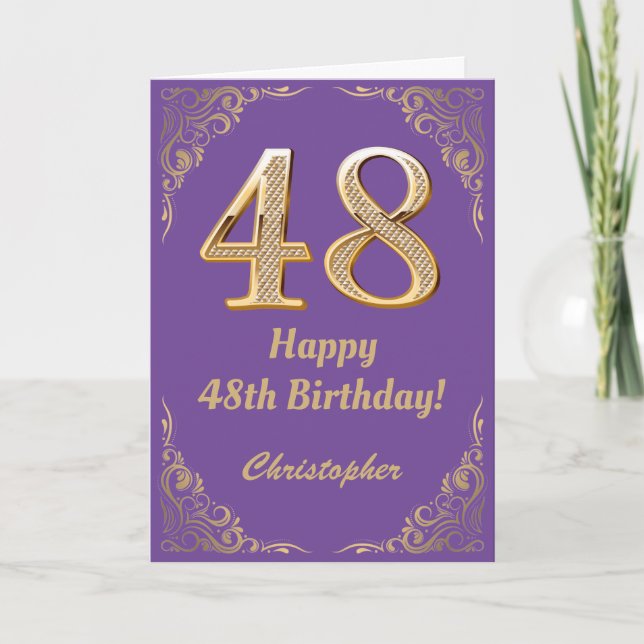 48th Birthday Purple and Gold Glitter Frame Card (Front)
