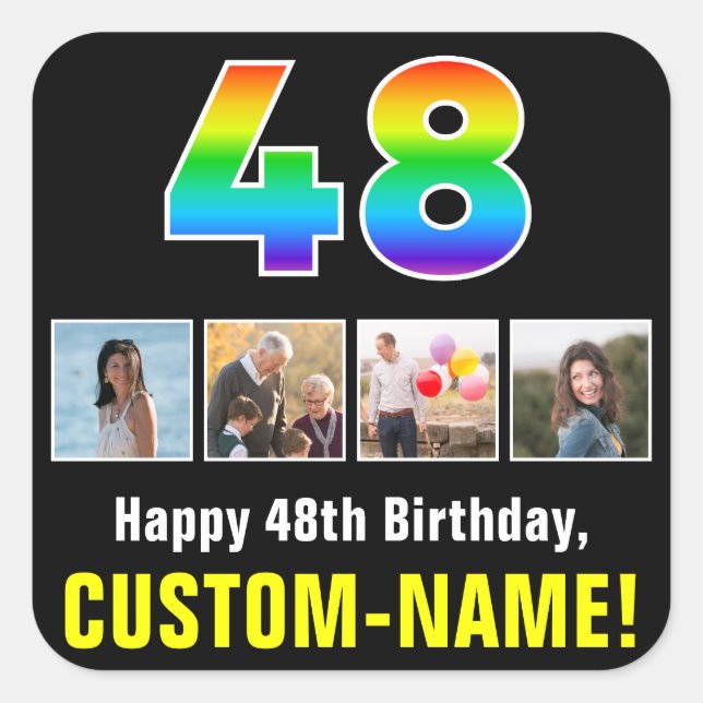 48th Birthday: Rainbow “48”; Custom Photos & Name Square Sticker (Front)